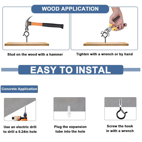 Installation guide for 30 Pack Q Hanger Hooks with Safety Buckle, showing wood and concrete applications with tools.
