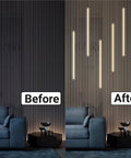 6-Lights LED Recessed Lighting Wall Panel Lights displayed before and after installation on a wood slat wall.