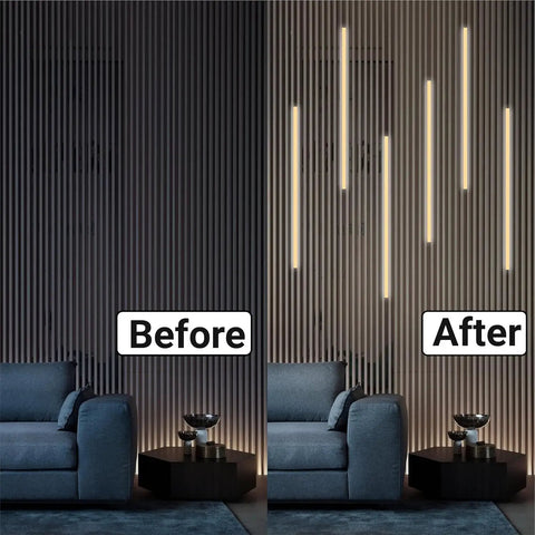 6-Lights LED Recessed Lighting Wall Panel Lights displayed before and after installation on a wood slat wall.