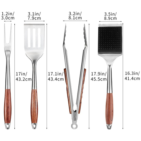 Heavy Duty Rosewood BBQ Tools Set For Grilling, Outdoor Grill Kit With Spatula, Fork, Brush And Tongs, Stainless Steel Tools