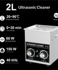 Digital Ultrasonic Cleaner With Heated Bath And Timer 2L Digital Display for Jewelry and Electronics with settings overview.