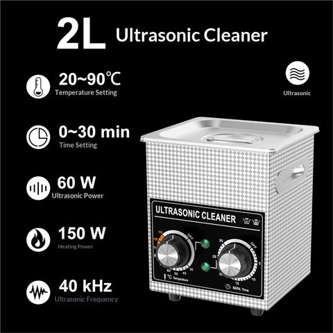 Digital Ultrasonic Cleaner With Heated Bath And Timer 2L Digital Display for Jewelry and Electronics with settings overview.