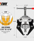 Pro Grade Auto Wiper Arm Puller And Battery Terminal Tool Adjustable shows dimensions and jaw opening 5/16 to 1-3/16 inches.