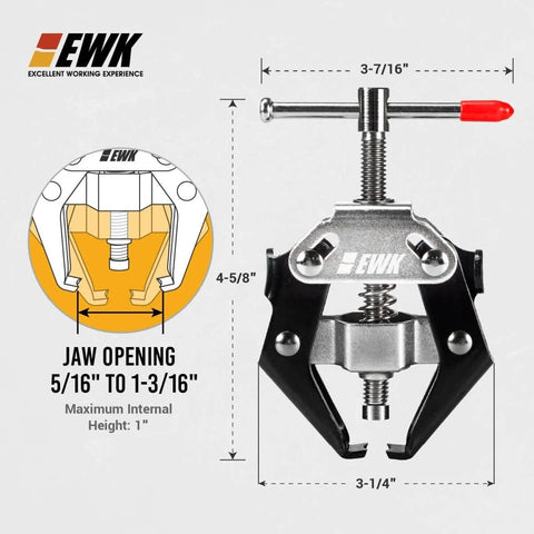 Pro Grade Auto Wiper Arm Puller And Battery Terminal Tool Adjustable shows dimensions and jaw opening 5/16 to 1-3/16 inches.