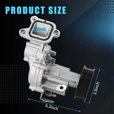 Top Tier Heavy Duty Engine Water Pump For Jeep Wrangler Jl 2.0L Turbo built different, showing dimensions: 6.3x3.5x3.2 inches.