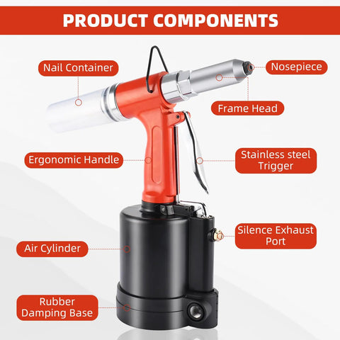 Heavy Duty Pneumatic Pop Rivet Gun And Air Riveter Tool For Fastener Assembly with ergonomic handle and air cylinder components.