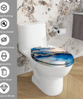 Elongated Decorative Toilet Seat for Bathroom with blue and gold design, 14.5" x 18.5", durable and easy to clean.