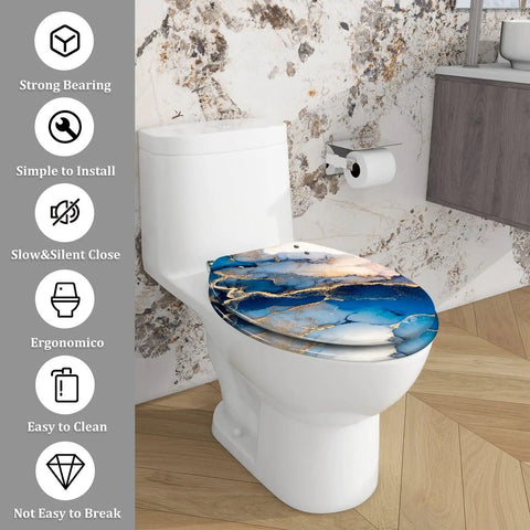 Elongated Decorative Toilet Seat for Bathroom with blue and gold design, 14.5" x 18.5", durable and easy to clean.