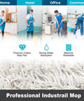 Straight Up Heavy Duty Commercial Dust Mop With Extra Long Handle And Premium Absorbent Cotton Pad For No Sweat Floor Cleaning In Offices Garages Warehouses And Hardwood, shown in various cleaning environments.