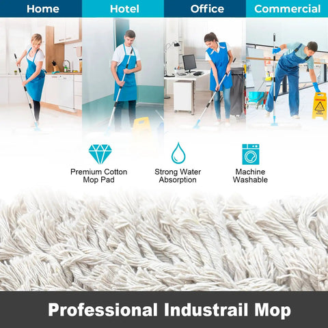 Straight Up Heavy Duty Commercial Dust Mop With Extra Long Handle And Premium Absorbent Cotton Pad For No Sweat Floor Cleaning In Offices Garages Warehouses And Hardwood, shown in various cleaning environments.