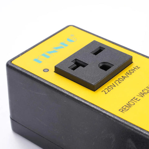 Close-up of 220V Rock Solid Plug And Play Remote Switch With Dead Simple One Touch Control, yellow and black design.