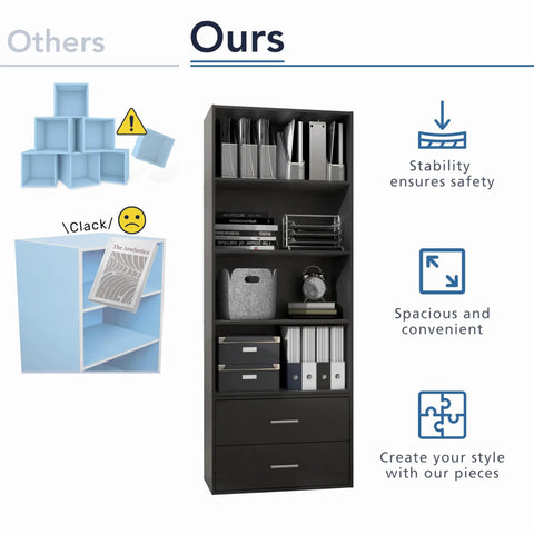 Comparison of light blue stackable 2 cube wood storage organizer and a larger black shelving unit with icons highlighting design features.