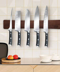 16 Inch Acacia Wood Magnetic Knife Strip Wall Mount For Kitchen Heavy Duty Knife Holder With Knives Displayed
