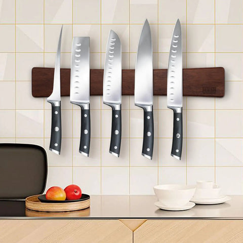 16 Inch Acacia Wood Magnetic Knife Strip Wall Mount For Kitchen Heavy Duty Knife Holder With Knives Displayed