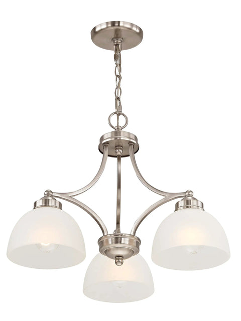 Sleek Silver Transitional Chandelier For Dining Rooms And Living Areas, Steel Construction, with satin glass shades