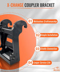 X Change Quick Hitch Coupler For Mini Excavators in black steel, front view, robust construction, fits Bobcat E Series, E26-E63