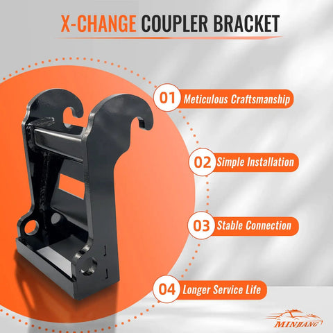 X Change Quick Hitch Coupler For Mini Excavators in black steel, front view, robust construction, fits Bobcat E Series, E26-E63