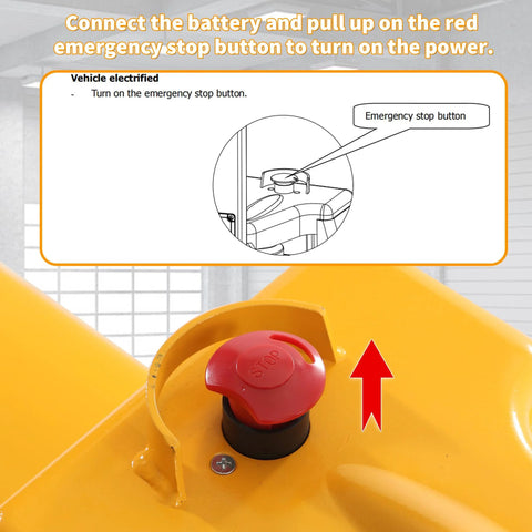 APOLLOLIFT electric pallet jack front view with red emergency stop button on yellow chassis