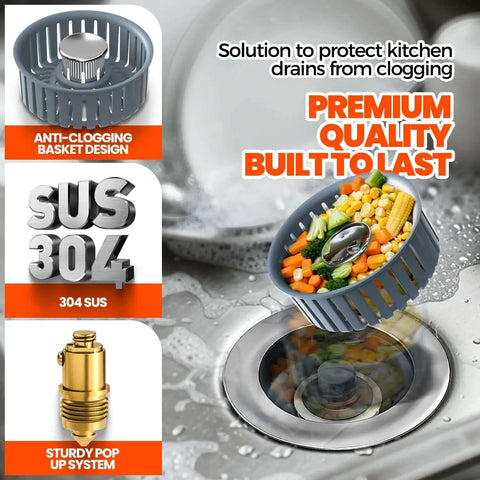 Three In One Sink Stopper And Strainer Set with Anti Clog Basket, SUS 304 stainless steel shown protecting kitchen drain, 2 Pack