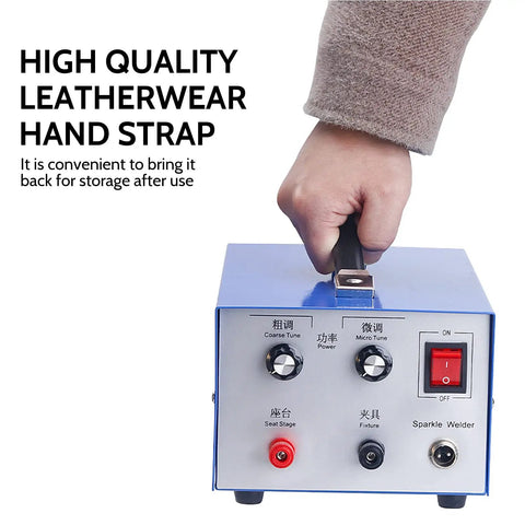 Handheld Pulse Arc Jewelry Welder Kit for Gold Silver Platinum with leatherwear strap, pro-grade power controls visible.