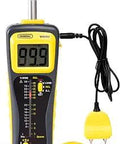 Moisture Meter MMD950 With Dual Pin And Pinless Modes, auto power off, spherical sensor, shown with detachable pins on side.