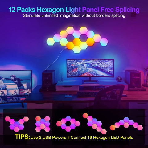 Hexagon RGB LED Light Panels with app and remote, 12-pack, wall lights for room decor with music sync and dynamic effects.