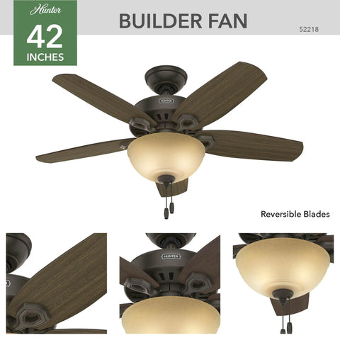 42 Inch Indoor Ceiling Fan With LED Light In Bronze, Pull Chain Operation, Five Blades, Standard Ceiling Mount