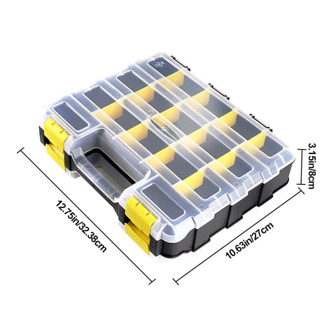 Double Sided Tool Box Organizer For Hardware Storage, 34 Compartments With 24 Removable Dividers, Clear Lid Dimensions Shown