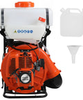 Beast Mode Gas Powered Backpack Fogger Sprayer With 15.8 Gallon Tank 2.13kW Engine Running At 7500rpm shown with a funnel and jug
