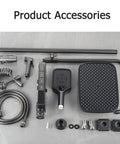 CUTPOIY Thermostatic Shower System accessories including shower head, hose, faucet, and mounting hardware on a gray surface.