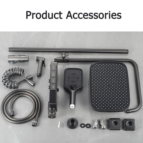 RIBEUJIZS Thermostatic Shower System accessories including black handheld shower head, hose, and mounting hardware.