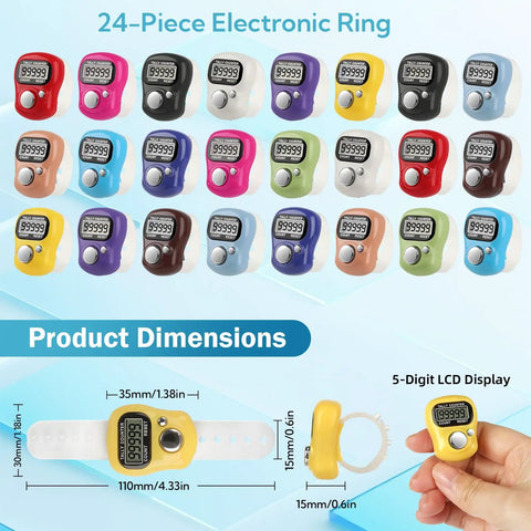 Top Shelf 24 Pack Electronic Finger Counters Featuring Nifty Bright Numeric Display Rings in multiple colors and sizes.