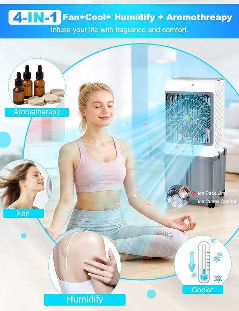 Evaporative Swamp Cooler Portable Air Conditioner With 10 Gallon Detachable Tank Windowless Design 120 Degree Oscillation Ultra Quiet Operation Remote And Timer 30 Hour Cooling For Apartment Garage And Outdoor Use shown in use indoors with aromatherapy, fan, humidify features.