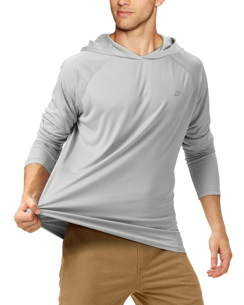 Gray UPF 50 Plus Long Sleeve Fishing Hoodie For Men, Lightweight Sun Protection Shirt For Outdoors, Quick Dry Breathable UV Hiking Gear