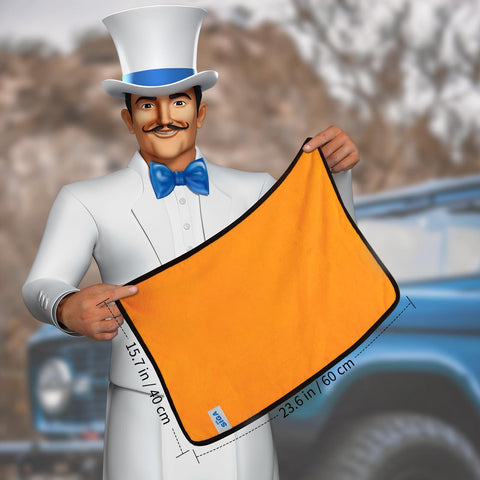 Person holding Ultra Plush Dual-Sided Microfiber Car Towels For Washing And Detailing, Scratch-Free And Highly Absorbent, Gold 15.7 x 23.6 Inch Cloths, 6 Pack