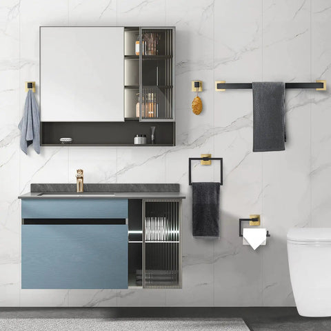 Dope Five Piece Black And Gold Bathroom Hardware Set With 23.6 Inch Towel Bar Wall Mount Sturdy Rustproof Stainless Steel Kit