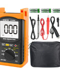 Megohmmeter Insulation Resistance Tester with Auto Ranging and Backlit Display, accessories, and carrying case shown