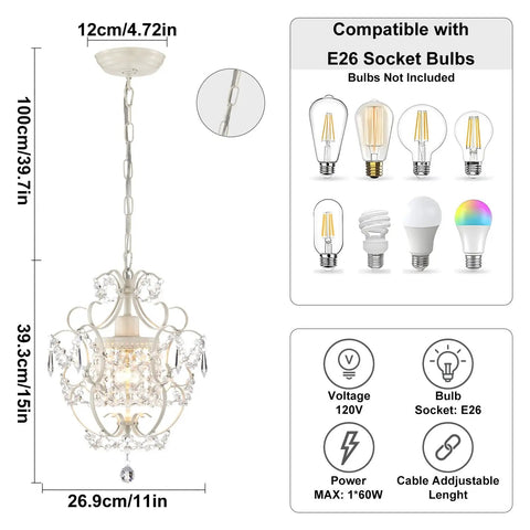 Tiny Crystal Chandelier For Bedroom And More One Light White Mini Crystal Pendant Ceiling Fixture Ninety Percent Preassembled