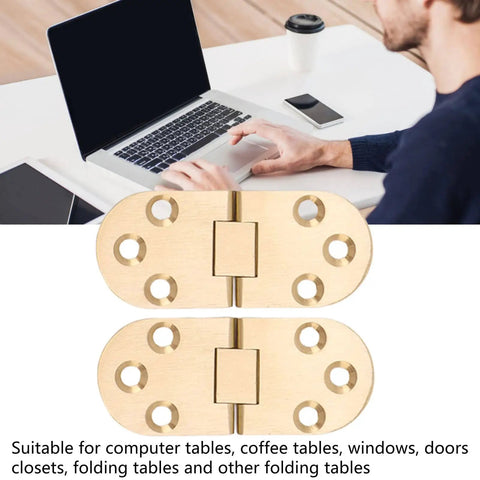 180 Degree Brass Folding Hinge For Folding Tables And Desks, Heavy Duty 2.5mm Thin Profile, shown with laptop on desk