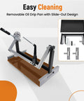 Motorcycle Engine Stand for Vertical Single Cylinder 2 Stroke or 4 Stroke Engines, DIY Ready, Fits Most Dirt Bikes and ATVs, Eight Tilt Angles With Quick Lock Pin, Four Adjustable Holes for Easy Maintenance and Safe Service, showing frame and removable oil drip pan