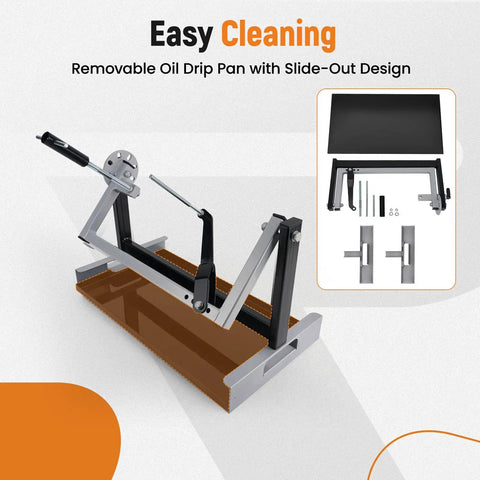Motorcycle Engine Stand for Vertical Single Cylinder 2 Stroke or 4 Stroke Engines, DIY Ready, Fits Most Dirt Bikes and ATVs, Eight Tilt Angles With Quick Lock Pin, Four Adjustable Holes for Easy Maintenance and Safe Service, showing frame and removable oil drip pan