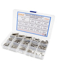 Top Shelf 304 Stainless Steel Button Head Hex Socket Cap Screws Assortment Kit With Two Hundred Thirty Five Pieces And Fourteen Sae Inch Threads For Garage Fixes With No Sweat in a clear organizer box.