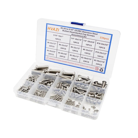 Top Shelf 304 Stainless Steel Button Head Hex Socket Cap Screws Assortment Kit With Two Hundred Thirty Five Pieces And Fourteen Sae Inch Threads For Garage Fixes With No Sweat in a clear organizer box.