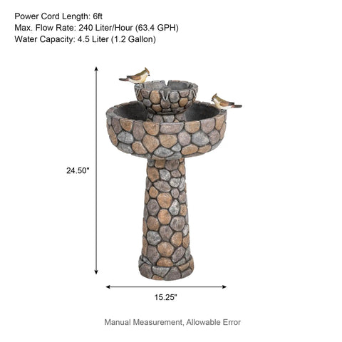 Two Tier Stone Like Outdoor Water Fountain With Birds Bird Bath Waterfall Decor Freestanding Garden Yard Patio Porch Includes Pump Weatherproof Resin 24.41 Inches Tall with dimensions