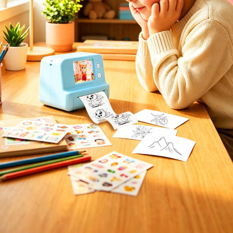 Rock This Slick AI Voice Mini Thermal Printer With Bright Display And Awesome Creative App For Kids Speech To Line Art Drawing Anime Sketch And Hype Storytelling Portable Prints in use on a desk with sketches.
