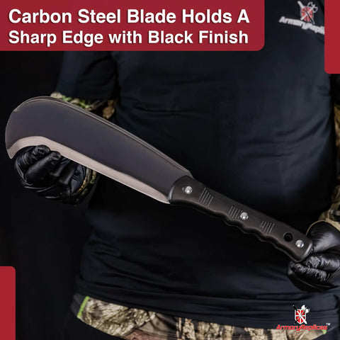 Person holding Pathfinder Scythe Style Machete Heavy Duty Carbon Steel Outdoor Tool with Durable Grip for camping and bushcraft