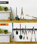 Comparison before and after using All Metal Garage Tool Organizer Wall Mount Rack 3 Pack Heavy Duty Storage With 51 Inches Total Length
