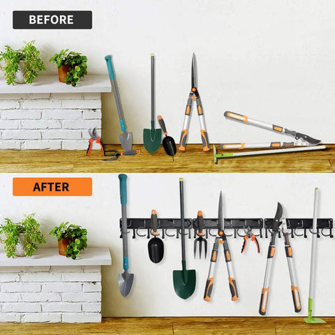 All Metal Garden Tool Organizer 4 Pack With Heavy Duty Wall Mount Hooks For Brooms Rakes Mops Shovels 68 Inch Total Length Adjustable Garage Storage Solution To Level Up Your Tool Game