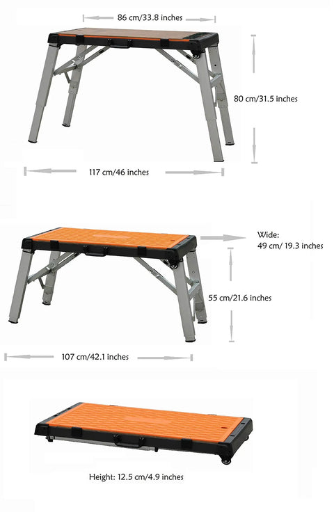 Four In One Portable Folding Workbench And Scaffold Platform With Creeper Carrier And Hand Truck Plus Jigsaw Blade Set, 21.6-31.5" sizes