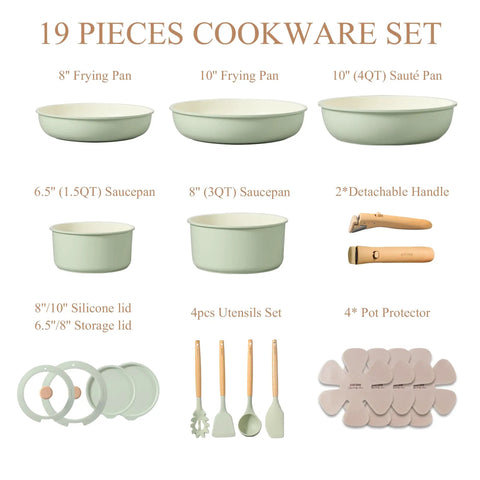 19-piece Detachable Handle Nonstick Cookware Set in Sage Green, including pots, pans, utensils, and removable handles.